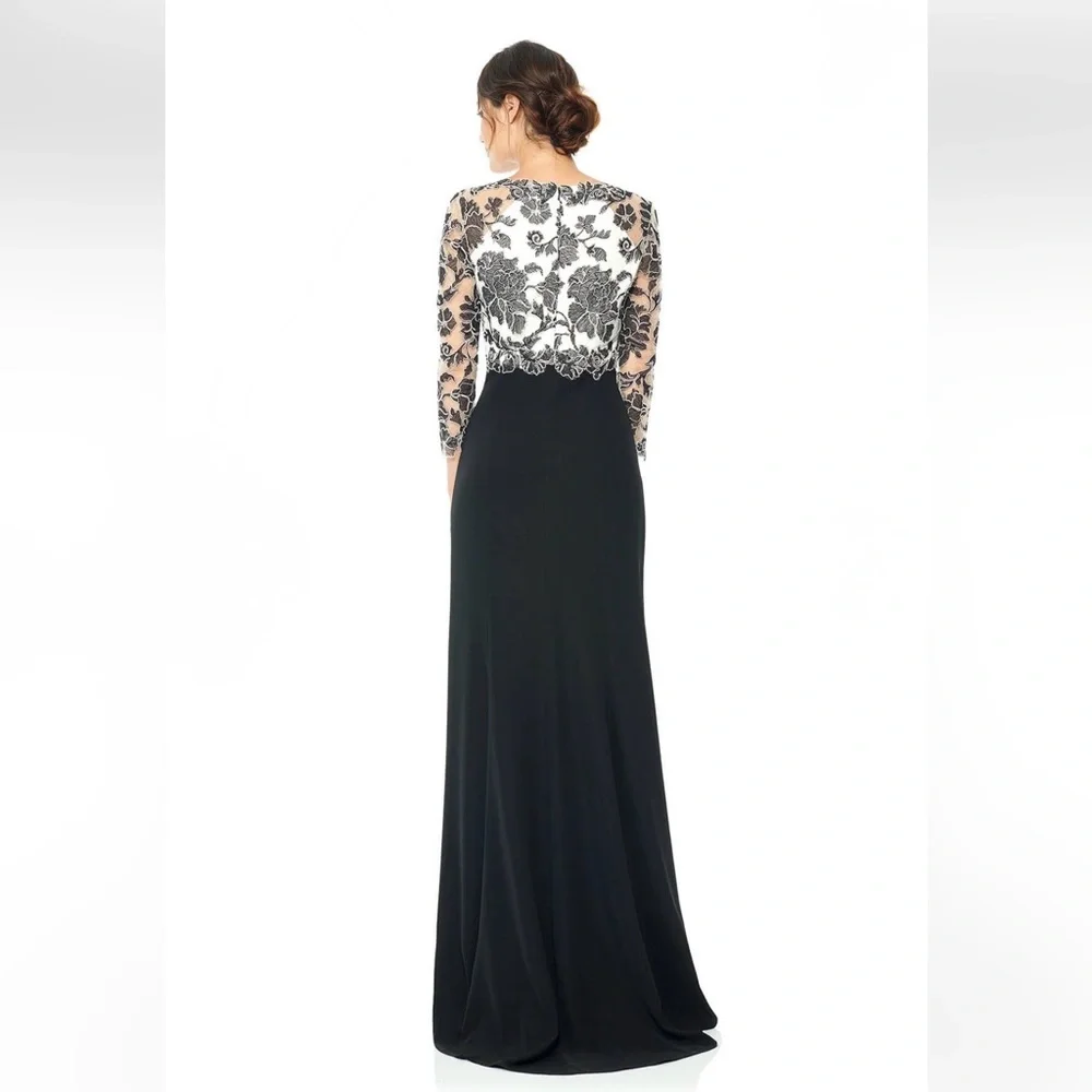Tadashi Shoji Peony Embroidered Lace Top Black Ivory Gown Dress Size 16 - Picture 2 of 15
